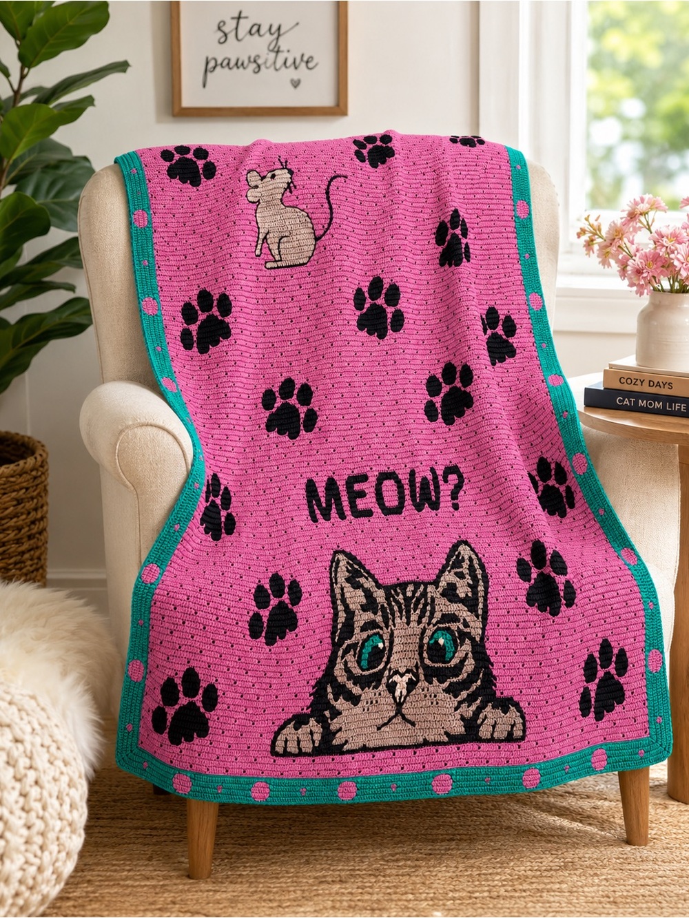Handmade Peeking Cat “Meow” Mouse Crochet Blanket Throw crib Pink Teal Mosaic